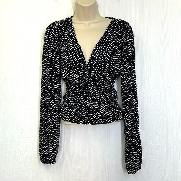 Zara - Polka Dot Black & White Plunge Tie Silky Long Sleeve Blouse Size Small - Picture 1 of 10